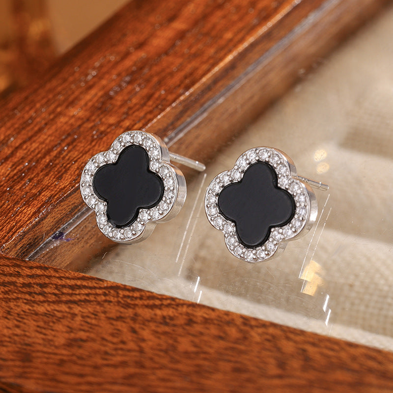 S925 sterling silver four-leaf clover agate stud earrings
